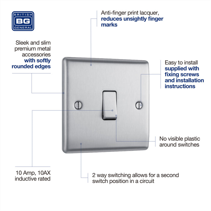 BG NBS12 Nexus Metal 10AX 2-Way Single Light Switch - Brushed Steel (10 Pack) - westbasedirect.com