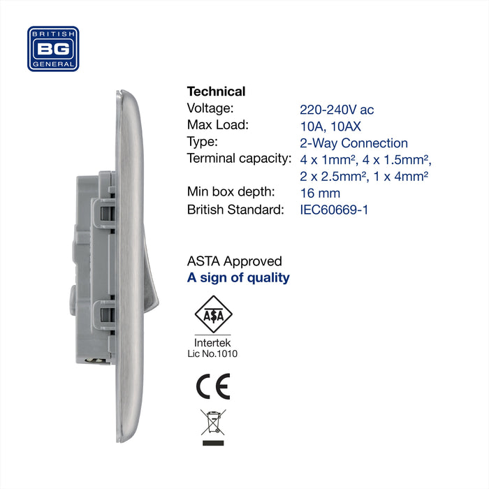 BG NBS12 Nexus Metal 10AX 2-Way Single Light Switch - Brushed Steel (10 Pack) - westbasedirect.com