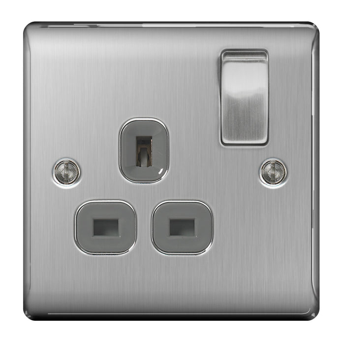 BG NBS21G Nexus Metal Single Socket 13A - Grey Insert - Brushed Steel (5 Pack) - westbasedirect.com