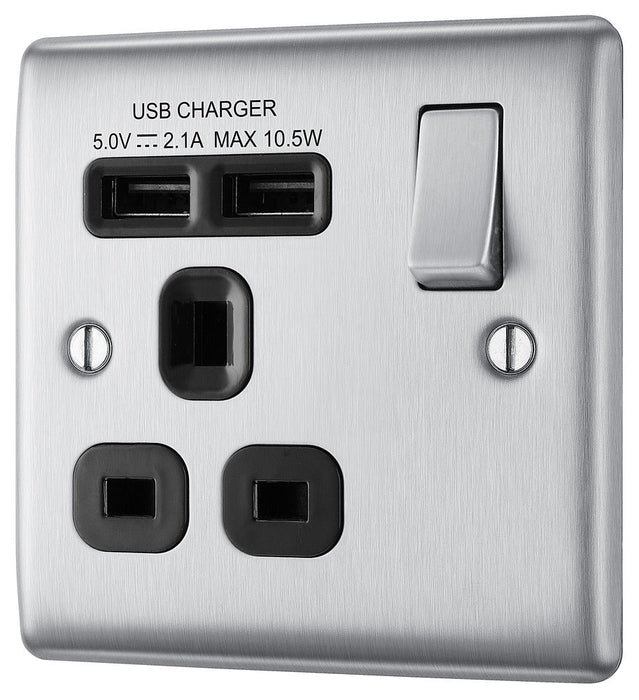 BG NBS21U2B Nexus Metal Single Socket + 2x USB /Black Insert - Brushed Steel - westbasedirect.com