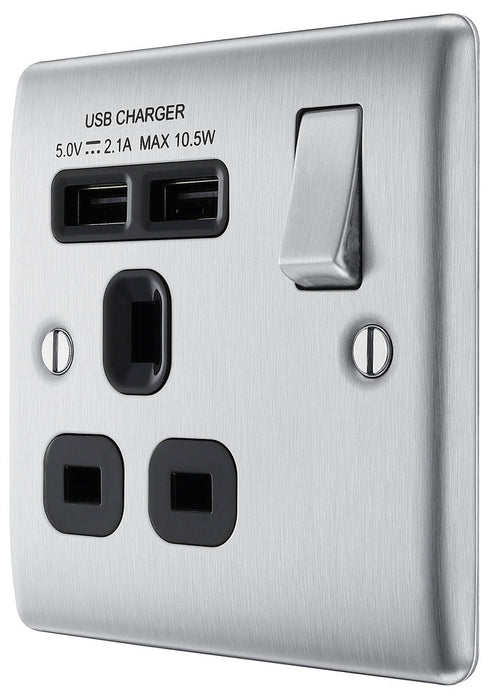 BG NBS21U2B Nexus Metal Single Socket + 2x USB /Black Insert - Brushed Steel - westbasedirect.com