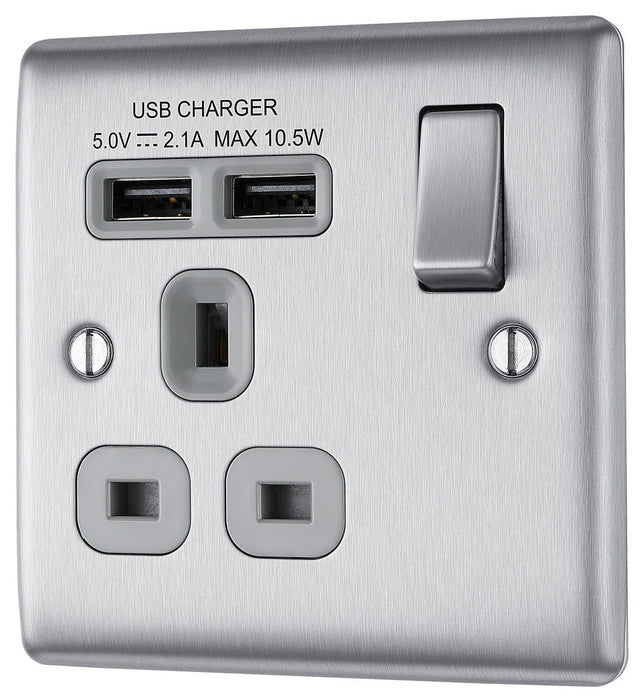 BG NBS21U2G Nexus Metal Single Socket + 2x USB - Grey Insert - Brushed Steel - westbasedirect.com