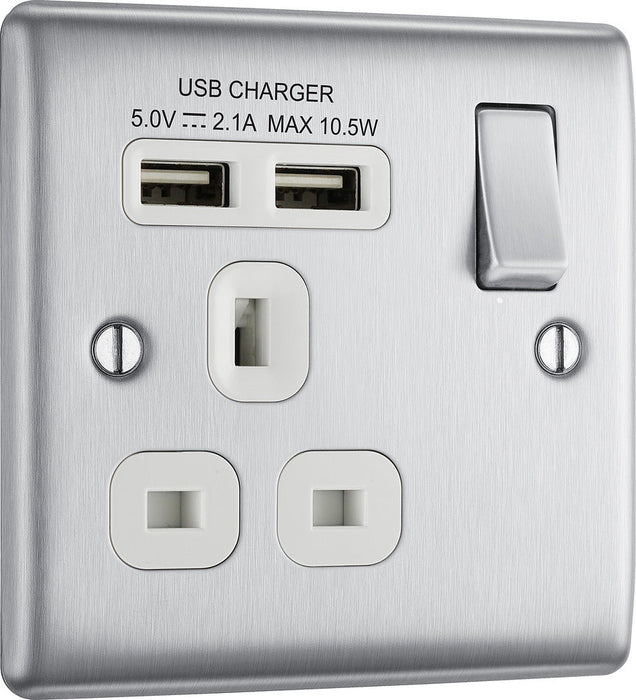 BG NBS21U2W Nexus Metal Single Socket + 2x USB - White Insert - Brushed Steel - westbasedirect.com