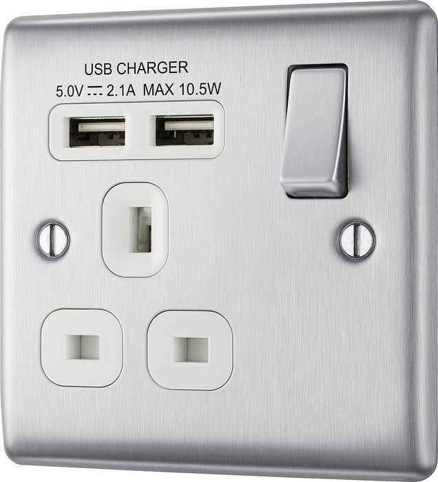 BG NBS21U2W Nexus Metal Single Socket + 2x USB - White Insert - Brushed Steel - westbasedirect.com