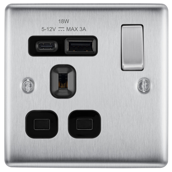 BG NBS21UAC18B Nexus Metal 13A Single Switched Power Socket + USB A+C (18W) - Brushed Steel + Black Insert