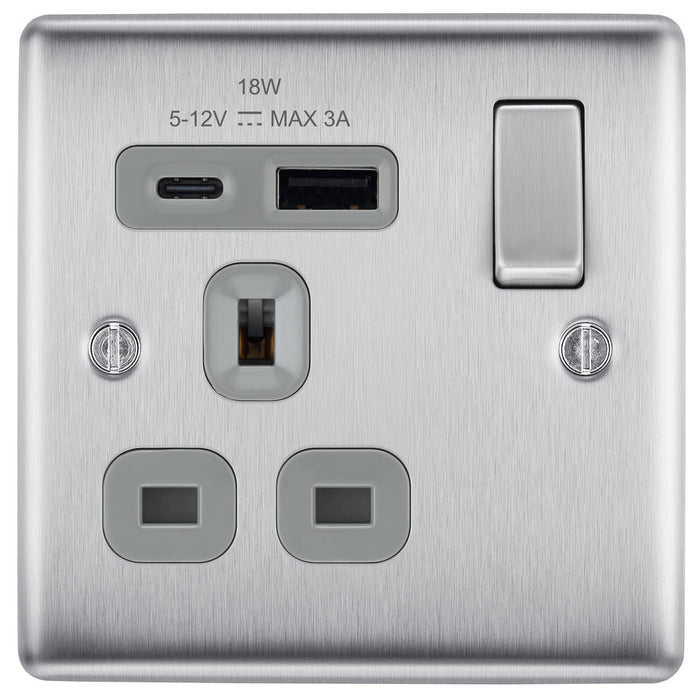 BG NBS21UAC18G Nexus Metal 13A Single Switched Power Socket + USB A+C (18W) - Brushed Steel + Grey Insert