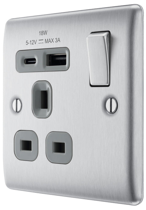 BG NBS21UAC18G Nexus Metal 13A Single Switched Power Socket + USB A+C (18W) - Brushed Steel + Grey Insert