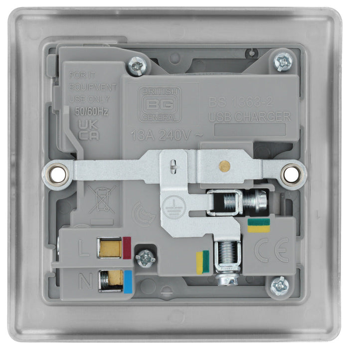 BG NBS21UAC18G Nexus Metal 13A Single Switched Power Socket + USB A+C (18W) - Brushed Steel + Grey Insert