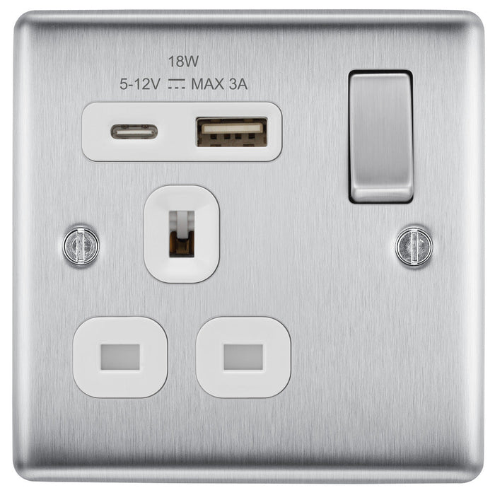 BG NBS21UAC18W Nexus Metal 13A Single Switched Power Socket + USB A+C (18W) - Brushed Steel + White Insert