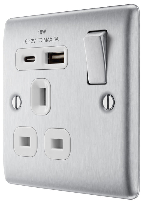 BG NBS21UAC18W Nexus Metal 13A Single Switched Power Socket + USB A+C (18W) - Brushed Steel + White Insert