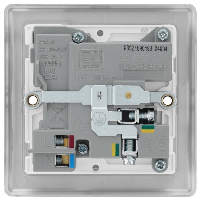 BG NBS21UAC18W Nexus Metal 13A Single Switched Power Socket + USB A+C (18W) - Brushed Steel + White Insert