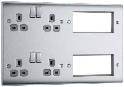 BG NBS222EM8G Nexus Metal 2x 2G Socket 13A + 2x 4 Module Aperture - Grey Insert - Brushed Steel - westbasedirect.com