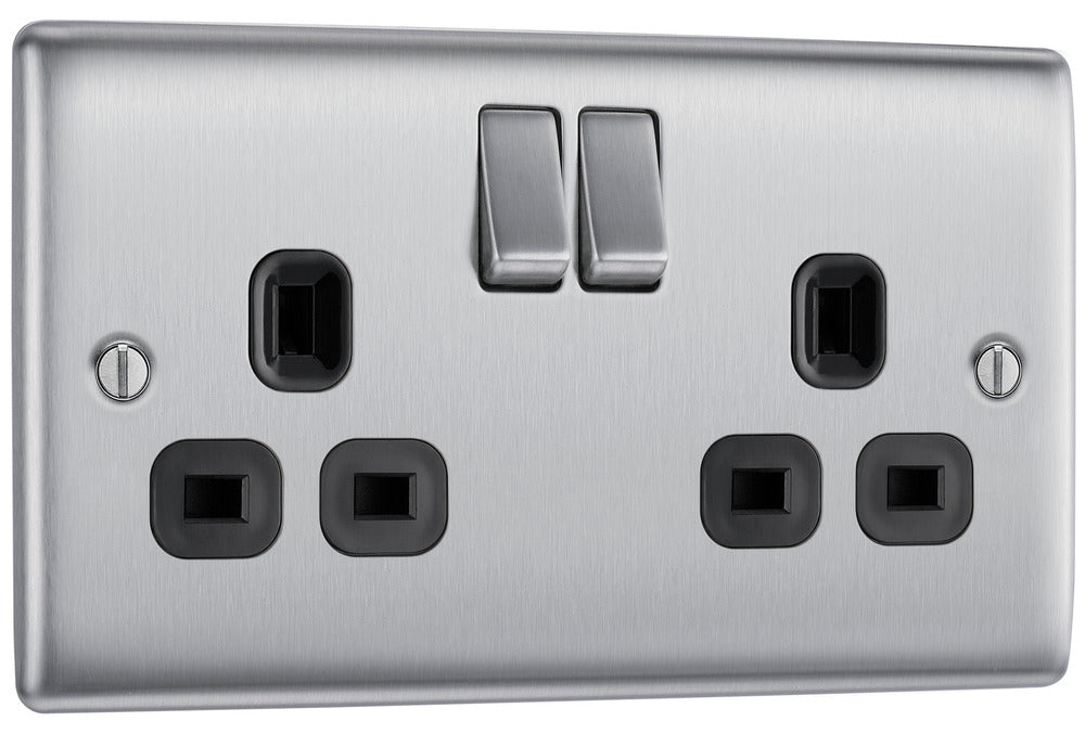 BG NBS22B Nexus Metal Double Socket 13A /Black Insert - Brushed Steel (5 Pack) - westbasedirect.com