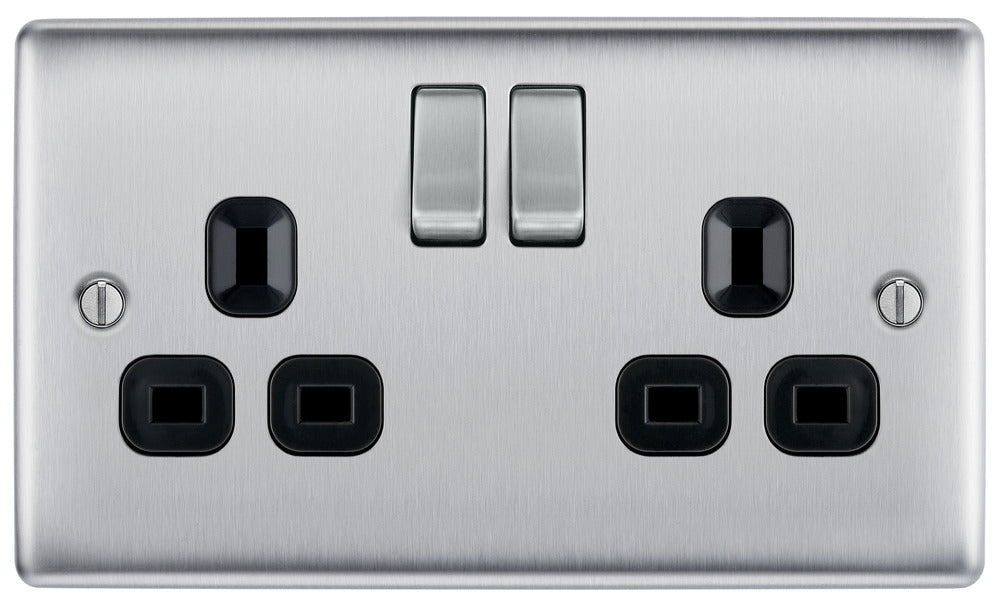 BG NBS22B Nexus Metal Double Socket 13A /Black Insert - Brushed Steel (5 Pack) - westbasedirect.com