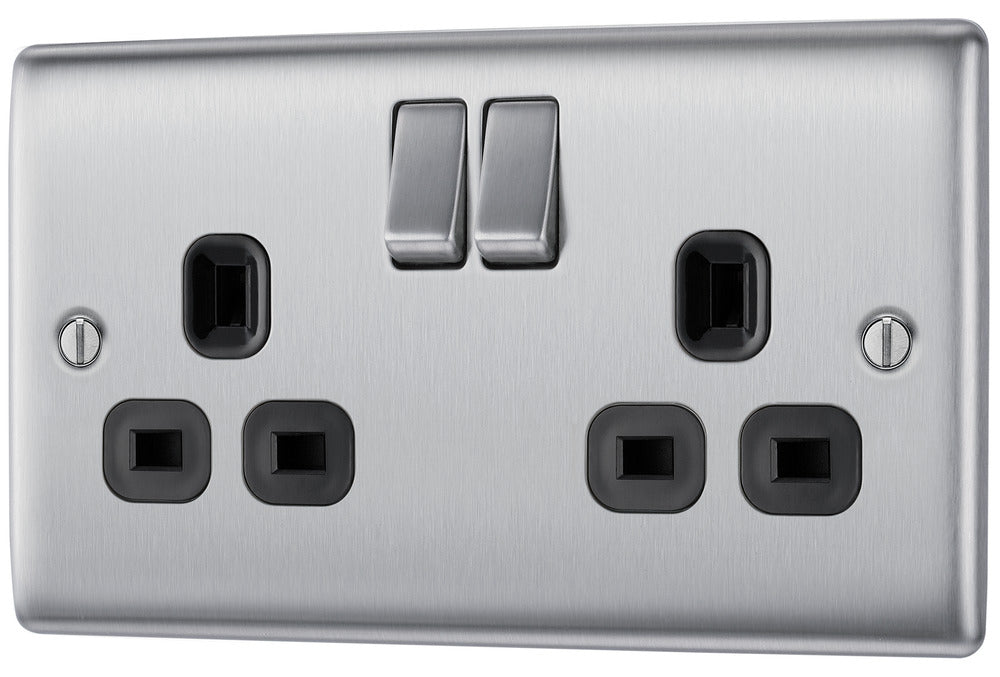 BG NBS22B Nexus Metal Double Socket 13A /Black Insert - Brushed Steel (5 Pack) - westbasedirect.com