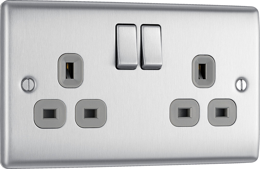 BG NBS22G Nexus Metal Double Socket 13A - Grey Insert - Brushed Steel (5 Pack) - westbasedirect.com