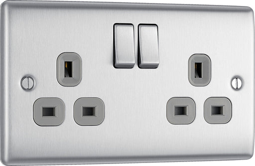 BG NBS22G Nexus Metal Double Socket 13A - Grey Insert - Brushed Steel (10 Pack) - westbasedirect.com