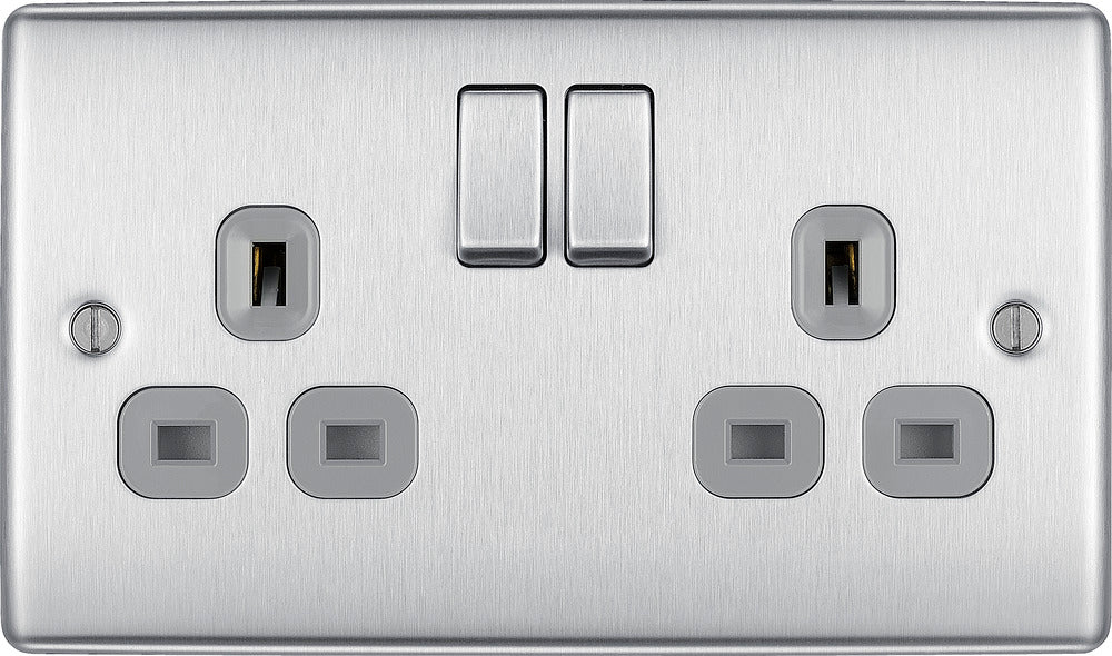 BG NBS22G Nexus Metal Double Socket 13A - Grey Insert - Brushed Steel - westbasedirect.com