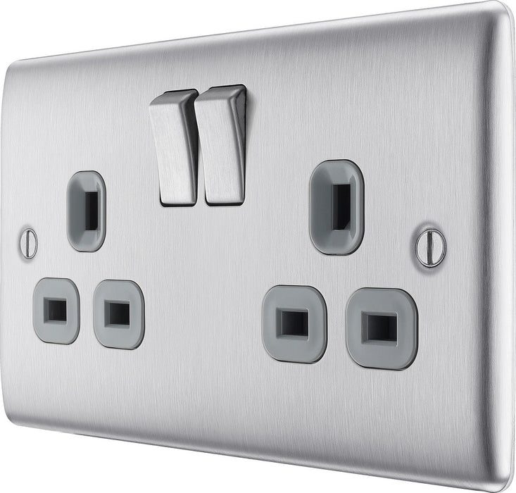 BG NBS22G Nexus Metal Double Socket 13A - Grey Insert - Brushed Steel (5 Pack) - westbasedirect.com