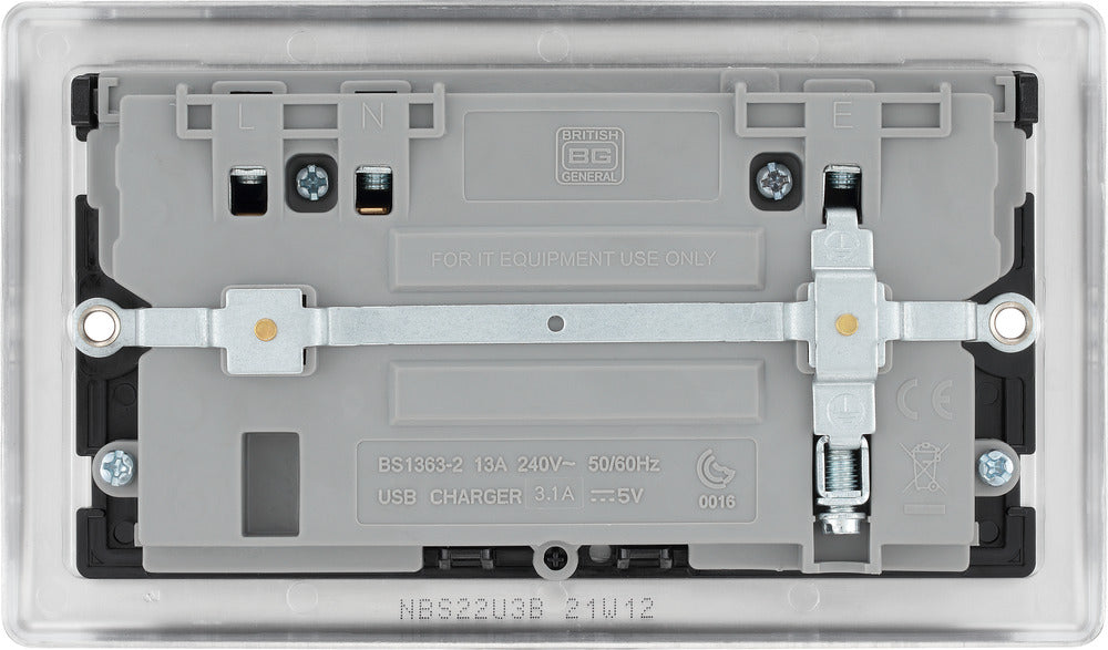 BG NBS22U3B Nexus Metal Double Socket + 2x USB(3.1A) /Black Insert - Brushed Steel (5 Pack) - westbasedirect.com