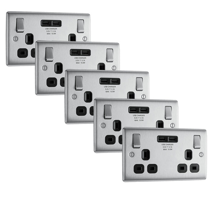 BG NBS22U3B Nexus Metal Double Socket + 2x USB(3.1A) /Black Insert - Brushed Steel (5 Pack) - westbasedirect.com