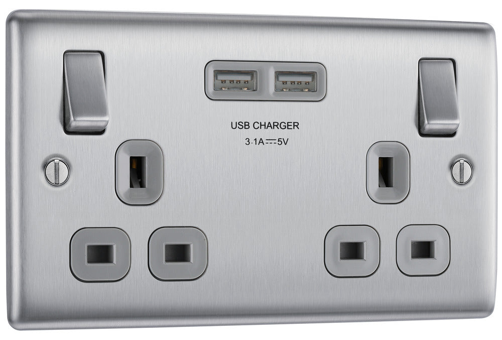 BG NBS22U3G Nexus Metal Double Socket + 2x USB - Grey Insert - Brushed Steel - westbasedirect.com