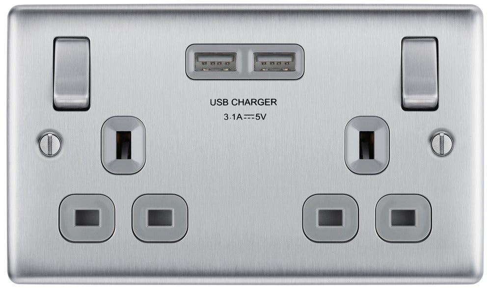 BG NBS22U3G Nexus Metal Double Socket + 2x USB - Grey Insert - Brushed Steel - westbasedirect.com