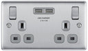 BG NBS22U3G Nexus Metal Double Socket + 2x USB - Grey Insert - Brushed Steel - westbasedirect.com