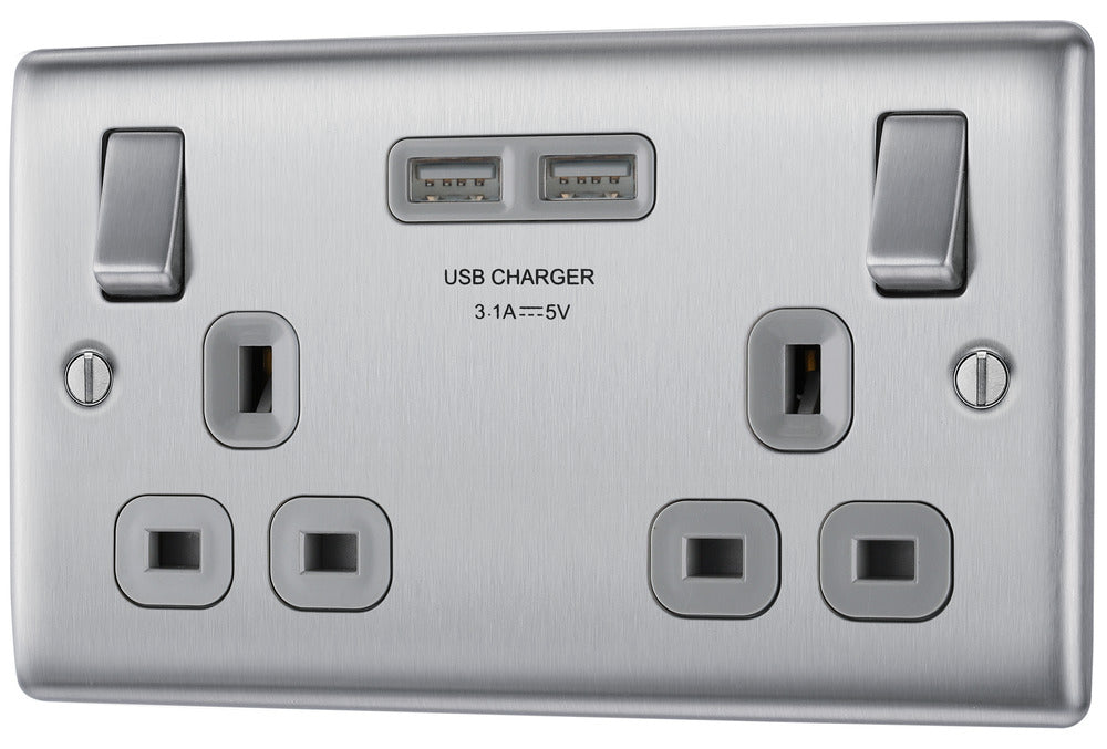 BG NBS22U3G Nexus Metal Double Socket + 2x USB - Grey Insert - Brushed Steel - westbasedirect.com