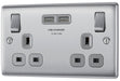 BG NBS22U3G Nexus Metal Double Socket + 2x USB(3.1A) - Grey Insert - Brushed Steel (5 Pack) - westbasedirect.com