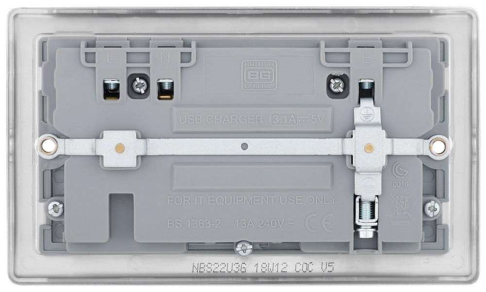 BG NBS22U3G Nexus Metal Double Socket + 2x USB(3.1A) - Grey Insert - Brushed Steel (10 Pack) - westbasedirect.com