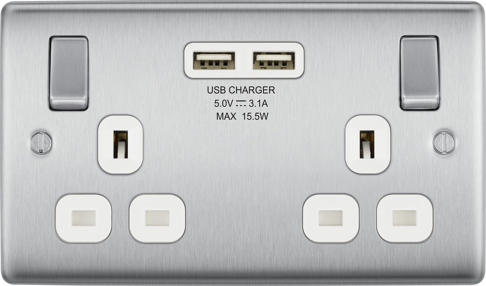 BG NBS22U3W Nexus Metal Double Socket + 2x USB - White Insert - Brushed Steel - westbasedirect.com