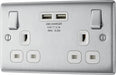 BG NBS22U3W Nexus Metal Double Socket + 2x USB(3.1A) - White Insert - Brushed Steel (10 Pack) - westbasedirect.com