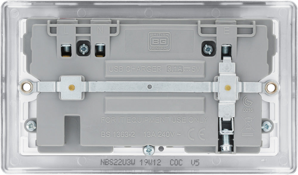 BG NBS22U3W Nexus Metal Double Socket + 2x USB(3.1A) - White Insert - Brushed Steel (5 Pack) - westbasedirect.com