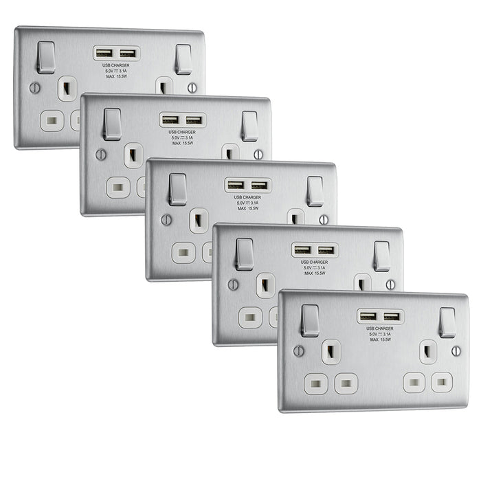 BG NBS22U3W Nexus Metal Double Socket + 2x USB(3.1A) - White Insert - Brushed Steel (5 Pack) - westbasedirect.com