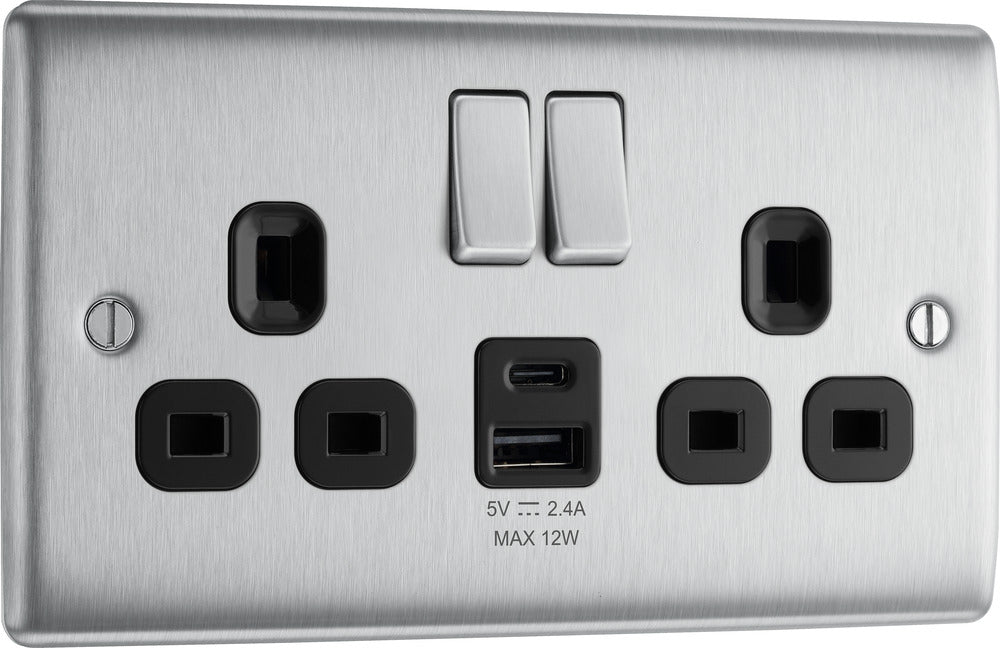 BG NBS22UAC12B Nexus Metal 13A Double Switched Power Socket + USB A+C (12W) - Brushed Steel + Black Insert - westbasedirect.com