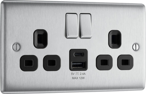 BG NBS22UAC12B Nexus Metal 13A Double Switched Power Socket + USB A+C (12W) - Brushed Steel + Black Insert - westbasedirect.com