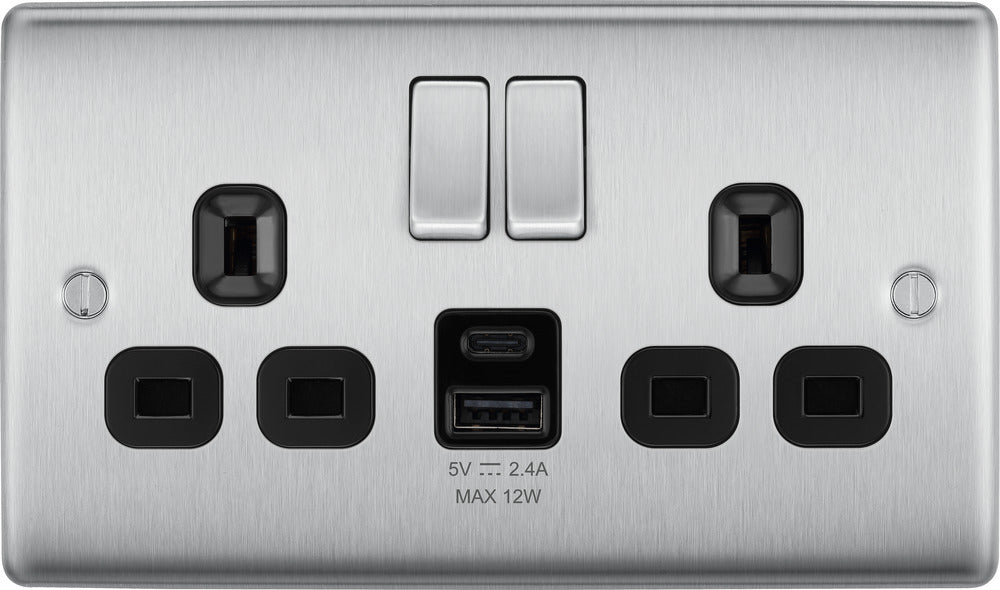 BG NBS22UAC12B Nexus Metal 13A Double Switched Power Socket + USB A+C (12W) - Brushed Steel + Black Insert - westbasedirect.com