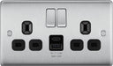 BG NBS22UAC12B Nexus Metal 13A Double Switched Power Socket + USB A+C (12W) - Brushed Steel + Black Insert - westbasedirect.com