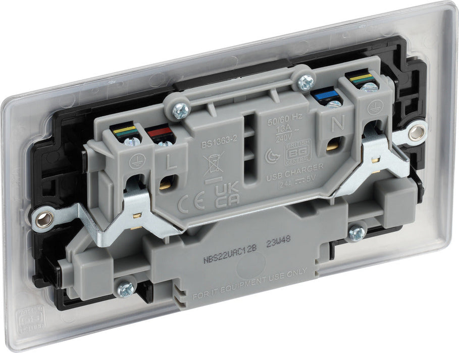 BG NBS22UAC12B Nexus Metal 13A Double Switched Power Socket + USB A+C (12W) - Brushed Steel + Black Insert - westbasedirect.com