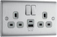 BG NBS22UAC12G Nexus Metal 13A Double Switched Power Socket + USB A+C (12W) - Brushed Steel + Grey Insert - westbasedirect.com