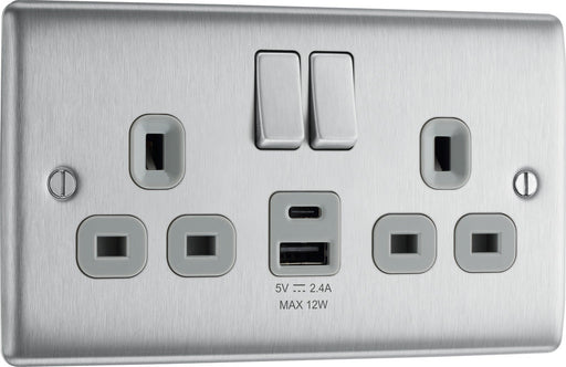 BG NBS22UAC12G Nexus Metal 13A Double Switched Power Socket + USB A+C (12W) - Brushed Steel + Grey Insert - westbasedirect.com