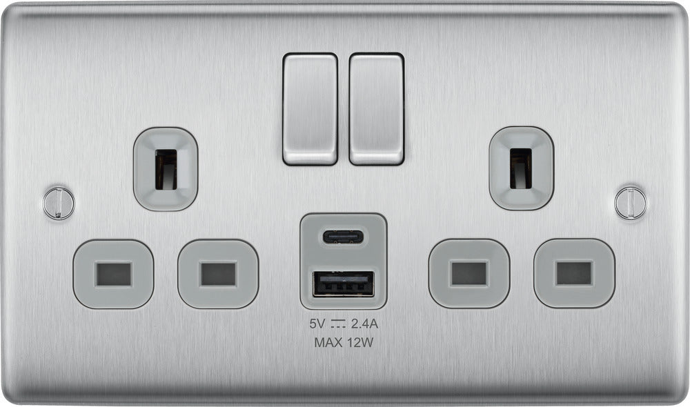 BG NBS22UAC12G Nexus Metal 13A Double Switched Power Socket + USB A+C (12W) - Brushed Steel + Grey Insert - westbasedirect.com