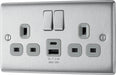 BG NBS22UAC12G Nexus Metal 13A Double Switched Power Socket + USB A+C (12W) - Brushed Steel + Grey Insert - westbasedirect.com