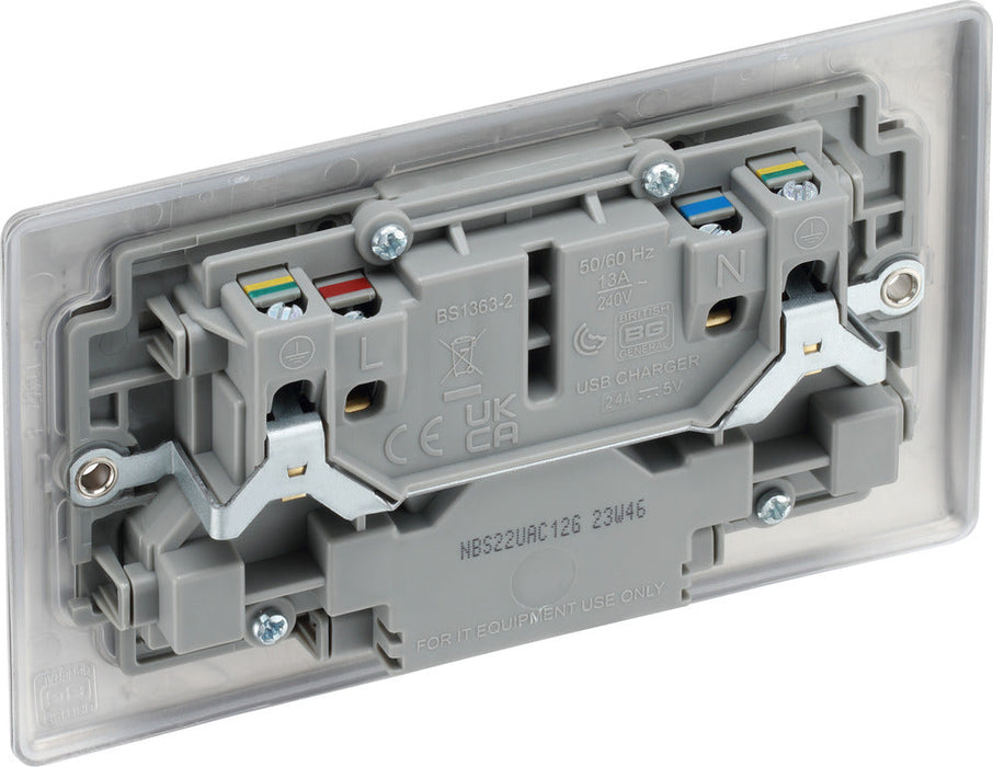 BG NBS22UAC12G Nexus Metal 13A Double Switched Power Socket + USB A+C (12W) - Brushed Steel + Grey Insert - westbasedirect.com