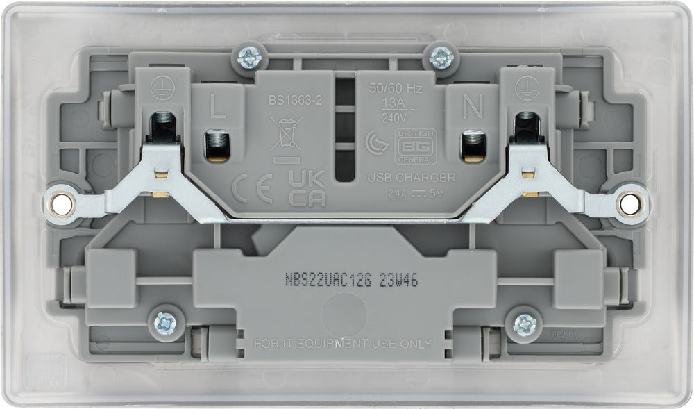 BG NBS22UAC12G Nexus Metal 13A Double Switched Power Socket + USB A+C (12W) - Brushed Steel + Grey Insert - westbasedirect.com