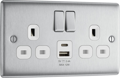 BG NBS22UAC12W Nexus Metal 13A Double Switched Power Socket + USB A+C (12W) - Brushed Steel + White Insert - westbasedirect.com