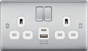 BG NBS22UAC12W Nexus Metal 13A Double Switched Power Socket + USB A+C (12W) - Brushed Steel + White Insert - westbasedirect.com