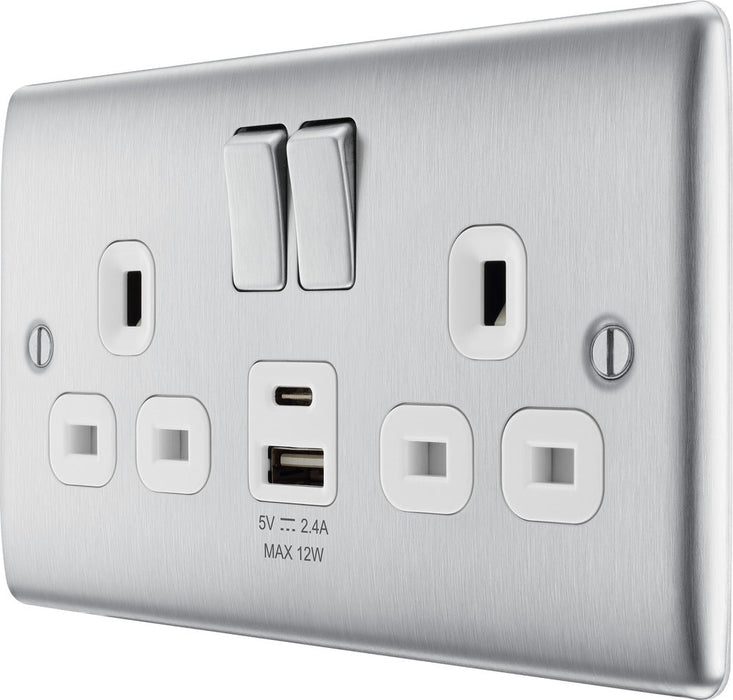 BG NBS22UAC12W Nexus Metal 13A Double Switched Power Socket + USB A+C (12W) - Brushed Steel + White Insert - westbasedirect.com