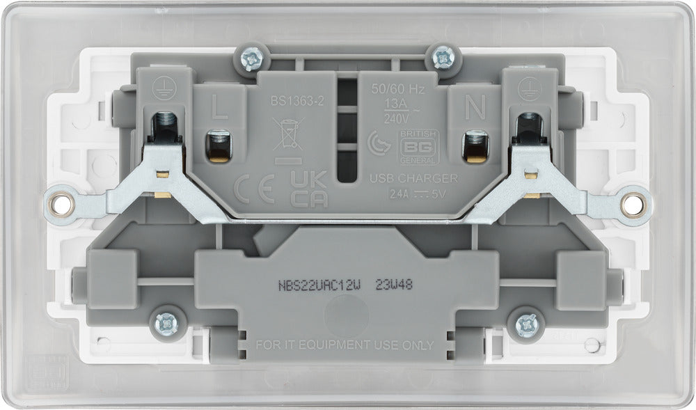 BG NBS22UAC12W Nexus Metal 13A Double Switched Power Socket + USB A+C (12W) - Brushed Steel + White Insert - westbasedirect.com